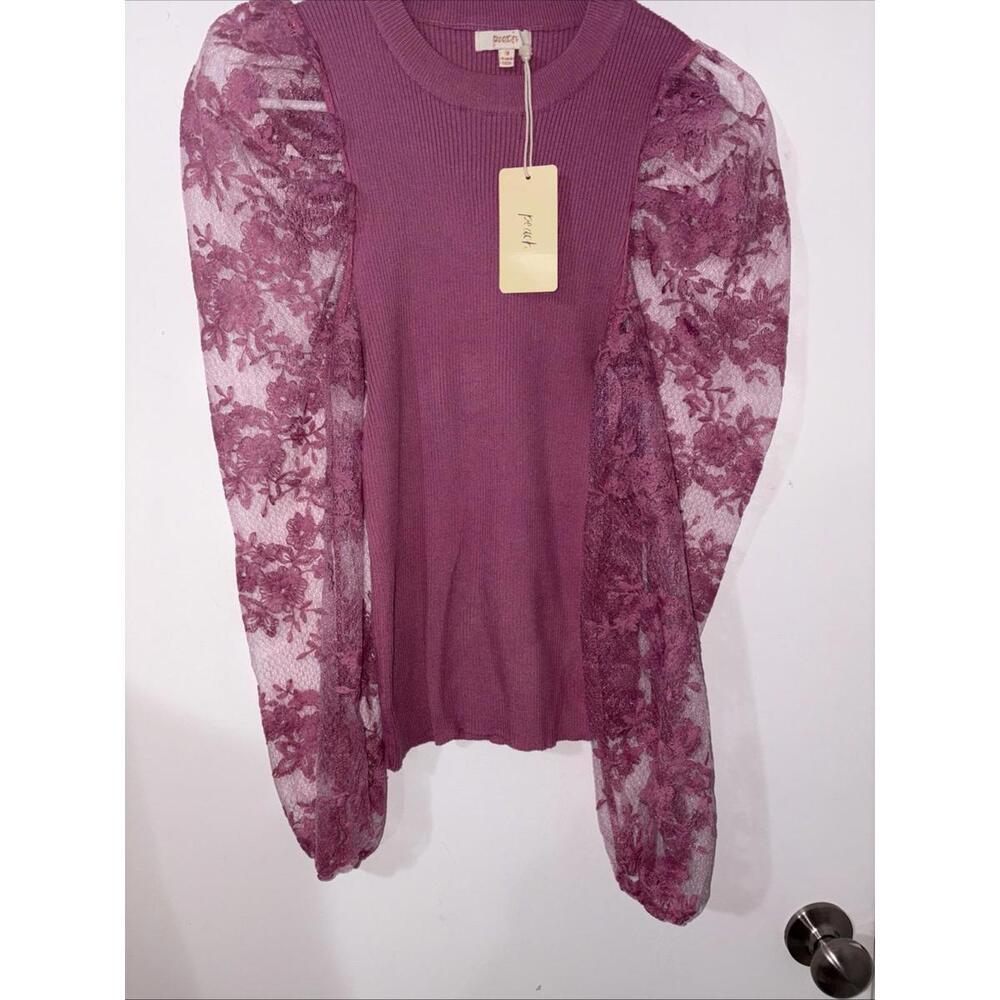 NWT Peach Top Pink Ribbed Lace Floral Puff Sleeves Sz Medium New Embroidered